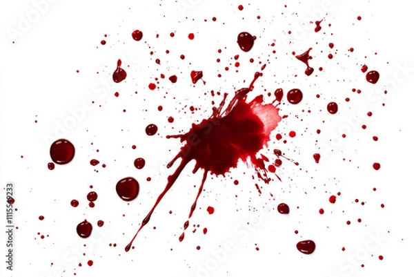 Obraz Blood splatter pattern with scattered drops, spreading outward, isolated on a white background.