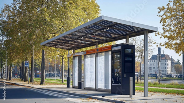 Fototapeta A solar-powered bus stop shelter that uses solar panels to provide lighting and charging stations for phones, offering a sustainable solution for public transportation systems.