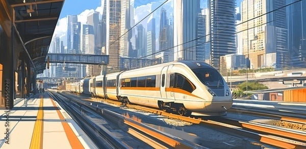 Fototapeta A high-speed train traveling through a city on an elevated bridge, showcasing modern transportation in an urban environment, with the train soaring above the ground amidst city skyscrapers.