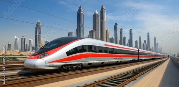 Fototapeta A high-speed train traveling through a city on an elevated bridge, showcasing modern transportation in an urban environment, with the train soaring above the ground amidst city skyscrapers.