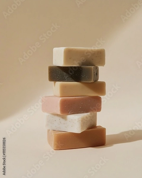 Fototapeta Minimalist still life of stacked artisan soaps on a soft beige background