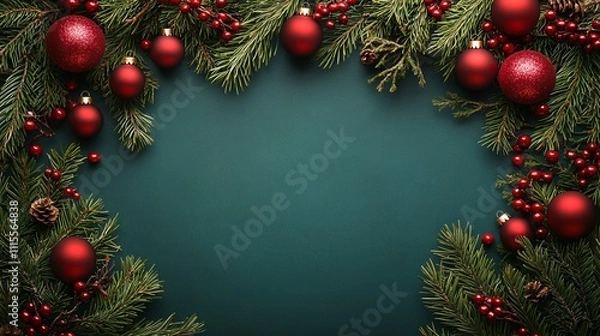 Fototapeta Christmas frame background of branches and baubles