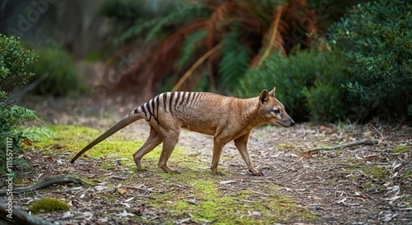 Fototapeta Extinct thylacine roaming in lush forest setting for wildlife conservation