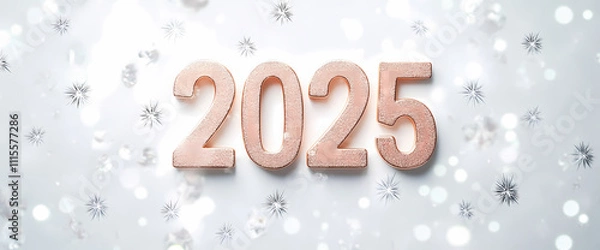 Obraz Rose gold 2025 numbers with sparkling snowflake accents on a soft white background, perfect for a minimalist holiday or New Year theme.