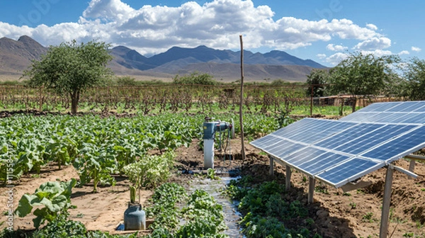 Fototapeta A solar-powered irrigation system in arid regions, where solar energy drives water pumps, enabling sustainable agriculture and water use in dry landscapes.