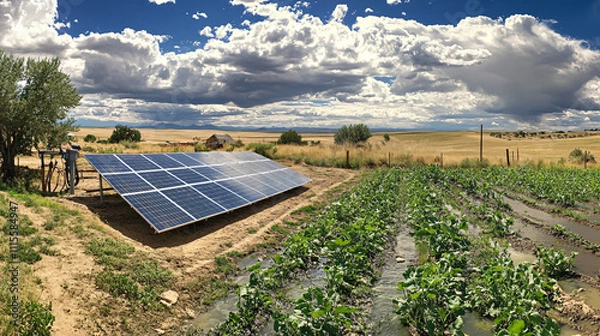 Fototapeta A solar-powered irrigation system in arid regions, where solar energy drives water pumps, enabling sustainable agriculture and water use in dry landscapes.