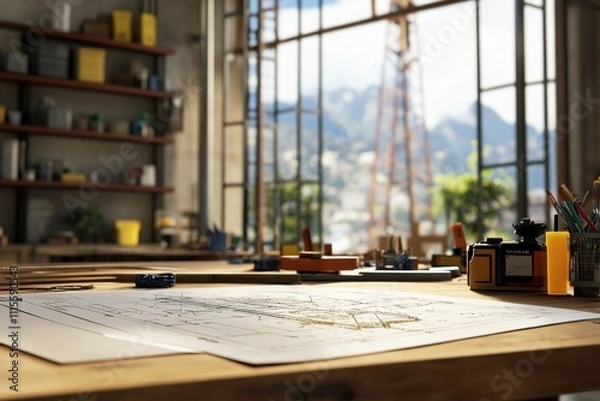 Obraz A drawing of a building is on a table in a room with a window