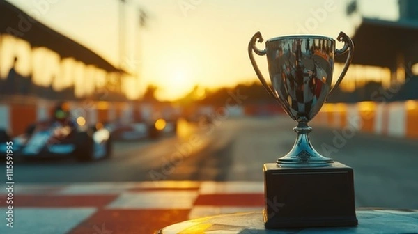Fototapeta Go-Kart Tournament with Trophies and Celebrations, Versatile Coverage. This image highlights the excitement of a go-kart tournament, including dramatic race scenes and post-race trophy celebrations. 