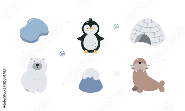 Fototapeta Cute arctic set. Penguin, polar bear, walrus, ice igloo, floating ice, snowy mountain. Arctic animals. Cartoon flat vector illustration. Elements for printing, poster, card.