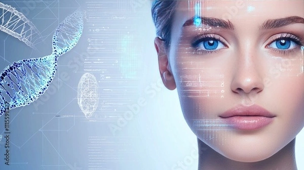 Obraz Evolution technology biotechnology concept. A close-up portrait of a woman with blue eyes, surrounded by digital elements and DNA strands.