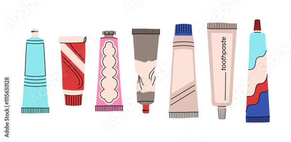 Obraz Toothpaste set. Set of oral hygiene products. Different tubes of toothpaste. Teeth cleaning products. Colorful vector collection in a flat style isolated on a white background