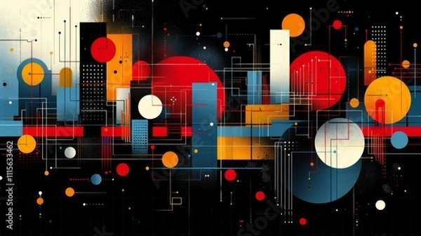 Fototapeta Abstract geometric artwork with vibrant colors and interconnected shapes.