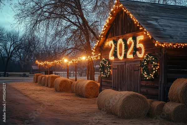 Obraz A cozy countryside scene with a rustic wooden barn decorated with string lights and wreaths. The numbers 2025 are formed from hay bales, and Happy New Year