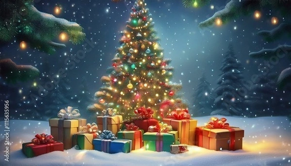 Fototapeta many gifts and boxes on the snow. side of the Christmas tree with garlands. snow is falling