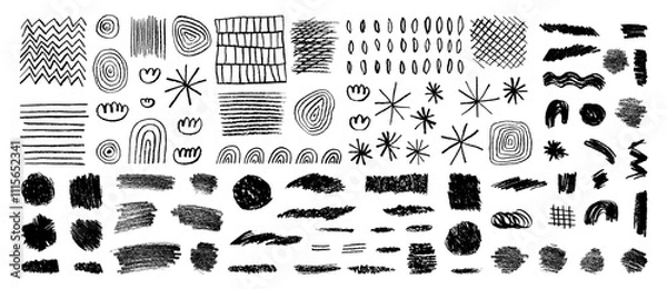 Fototapeta Chalk doodle set. Pencil scribble textures. Vector charcoal brush strokes. Hand-drawn kids crayon lines, stars, clouds, rainbows, underlines. Abstract black charcoal highlights on transparent white bg