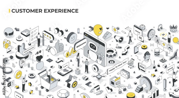 Obraz Customer Experience. Various scenes with tiny people depicting customer interactions with a brand and its influence on emotions and perceptions. Quality, satisfaction, loyalty, branding, impressions