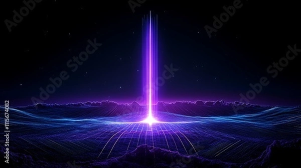 Fototapeta Futuristic Abstract Landscape with Purple Light Beam Emanating from a Central Point Against a Dark Background
