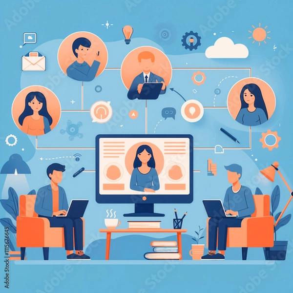 Fototapeta A conceptual image representing communications and the structure of business relationships, showcasing people connected through online networks, symbolizing modern digital interaction and collaboratio