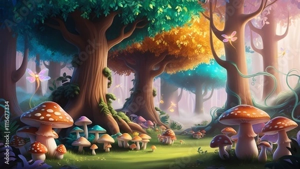 Fototapeta A colorful cartoon-style forest with towering trees, vibrant mushrooms, and glowing fireflies illuminating the scene