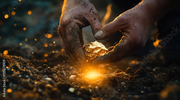 Fototapeta a man digging finds a gold nugget