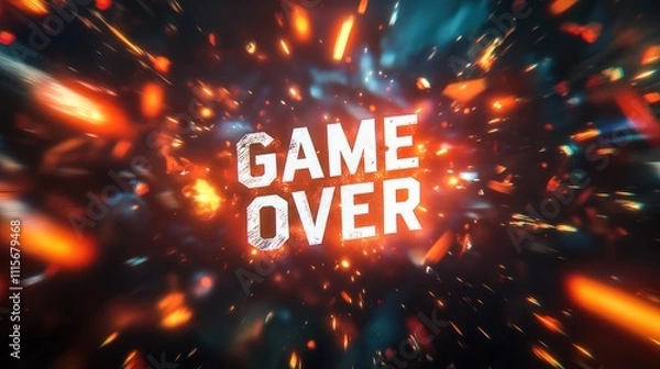 Fototapeta Game Over title text in jagged, glowing white font on a chaotic battlefield with blurred explosions in the background