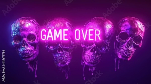 Fototapeta Game Over title text on a dark purple gradient with skulls