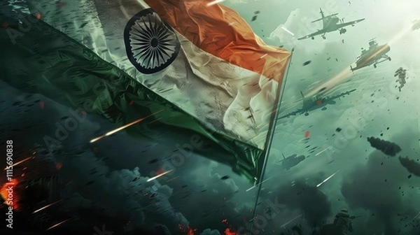 Fototapeta Indian Armed Forces Flag Day, 7th December. Armed forces with military vehicles, Fighter jet, Helicopter, Tank, Rocket Defence, Rocket Launcher. Craft Indian Flag