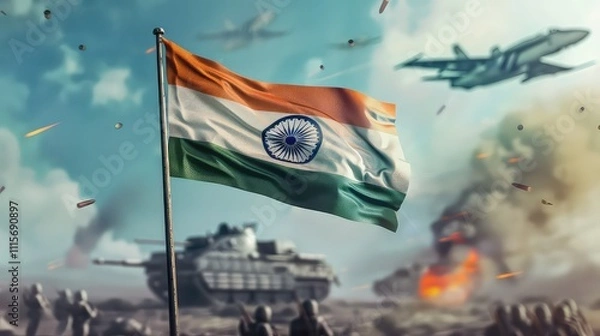 Fototapeta Indian Armed Forces Flag Day, 7th December. Armed forces with military vehicles, Fighter jet, Helicopter, Tank, Rocket Defence, Rocket Launcher. Craft Indian Flag