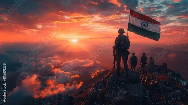 Fototapeta Indian army soldier with flag of India in the mountains. Sunset background, sunrise background, Happy Independence Day