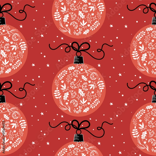 Fototapeta Christmas seamless pattern with Xmas balls and stars on a red background. Holiday gift wrapping paper, seasonal decor and digital projects, vector illustration