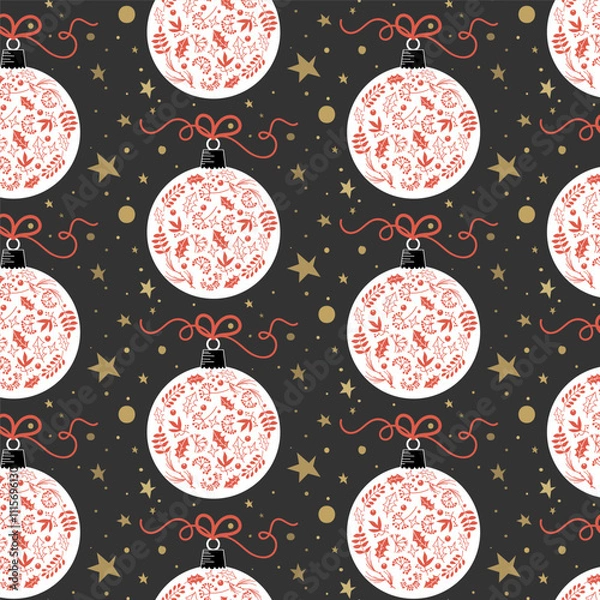 Fototapeta Seamless Christmas pattern with Xmas balls and stars on a black background. Ideal for Holiday gift wrapping, seasonal decor and digital projects, vector illustration
