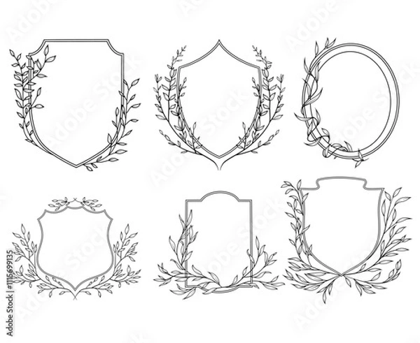 Fototapeta Line art vintage crest floral frames with greenery branches, line art drawing, botanical vector illustration, floral wedding border set
