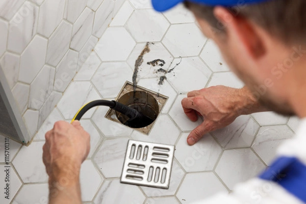 Fototapeta plumber unclogging blocked shower drain with hydro jetting at home bathroom. sewer cleaning service