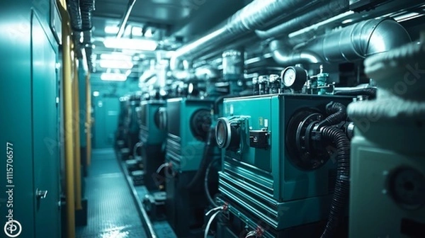 Fototapeta Sharp image of ships diesel generator room in focus