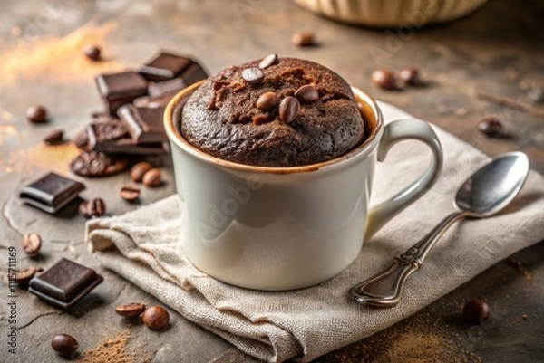 Fototapeta Indulge in a Rich Chocolate Mug Cake: Quick and Easy Microwave Dessert in a Cozy Mug, Perfect for Sweet Tooth Cravings, Set Against a Soft Light Background
