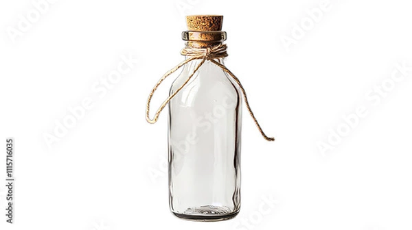 Obraz An empty glass bottle with a wooden stopper on a transparent background. The bottle is tall and narrow, rectangular in shape.