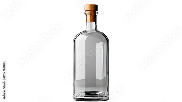 Obraz An empty glass bottle with a wooden stopper on a transparent background. The bottle is tall and narrow, rectangular in shape.