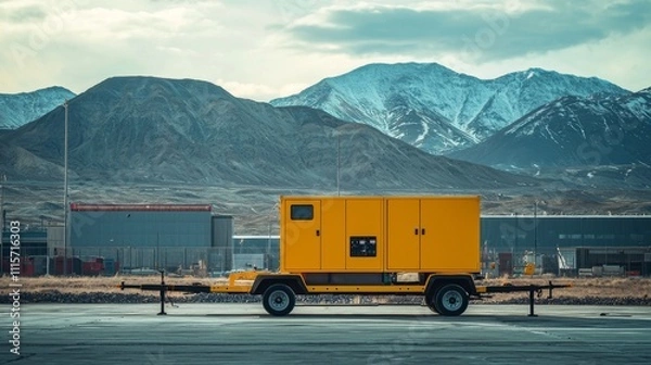 Fototapeta Focused image of mobile generator in industrial area with mountains