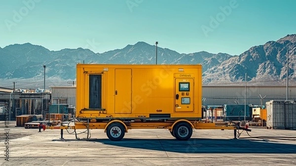 Fototapeta Focused image of mobile generator in industrial area with mountains