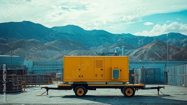 Fototapeta Focused image of mobile generator in industrial area with mountains