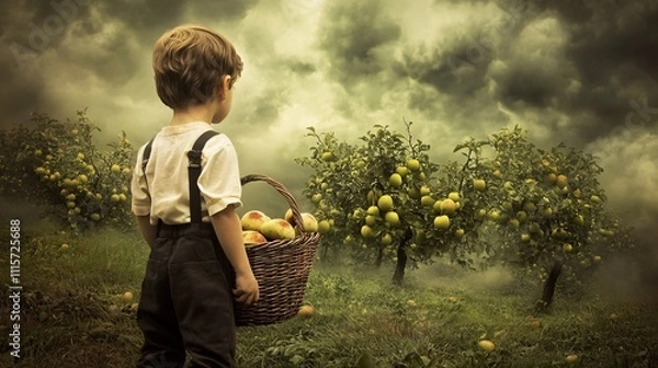 Fototapeta A child facing a dying orchard under a smoky sky, holding a basket of rotten fruit, symbolizing the environmental cost and hope for renewal