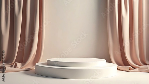 Fototapeta A simple, elegant podium with soft, flowing fabric draped in the background, creating a luxurious and sophisticated setting.