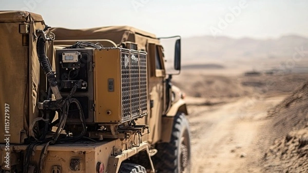 Fototapeta Mobile generator mounted on military vehicle in desert landscape