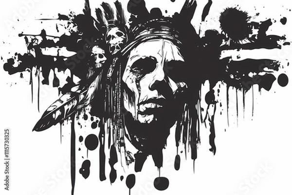 Fototapeta Native American Chief Portrait: Ink Splatter Art