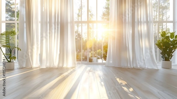 Fototapeta White curtains fluttering in the wind with sunrise shining through the floor-to-ceiling windows, clean light wood floors, large white walls, sunlight streaming like golden rays, plants on both sides, 