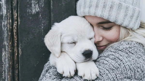 Obraz Young woman in knit hat cuddling sleeping white Golden Retriever or white Labrador puppy. Tender moment between pet owner and companion animal showing bond and affection on rustic background. 8k