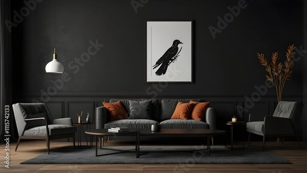Fototapeta Interior of living room with balck sofa and empty mock up poster 3d rendering