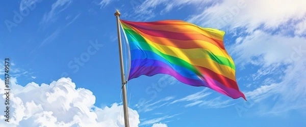 Fototapeta A rainbow flag billowing in the wind, representing the LGBTQ+ rights movement. Created with Generative AI Technology