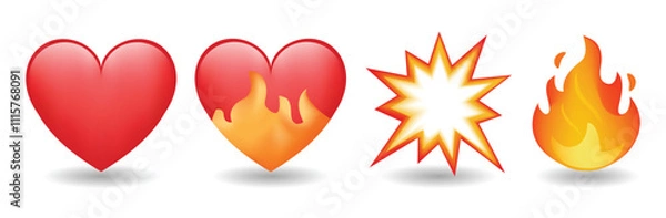 Fototapeta Flash, heart on fire and flame vector emoji illustration isolated on white background. 3d illustration