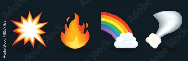 Fototapeta Flash, flame, rainbow and tornado emoji vector illustration isolated on dark background. 3d illustration